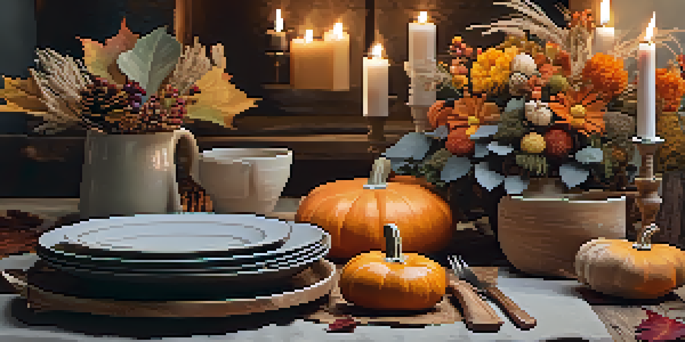 A cozy seasonal table setting with autumn leaves, pumpkins, and fresh flowers, illuminated by candlelight.