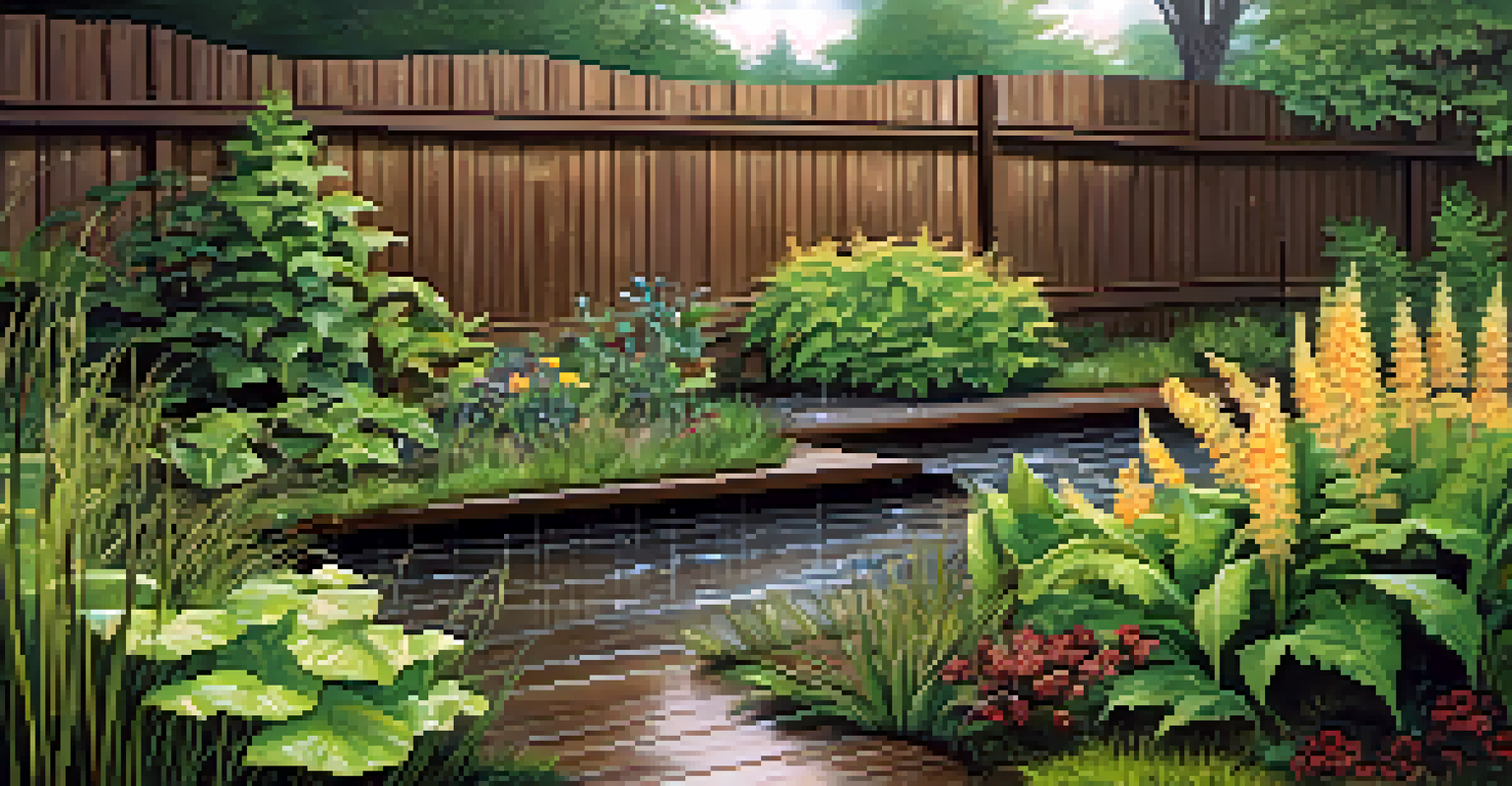 A detailed view of a rain garden filled with diverse plants, displaying water droplets on leaves after rain.