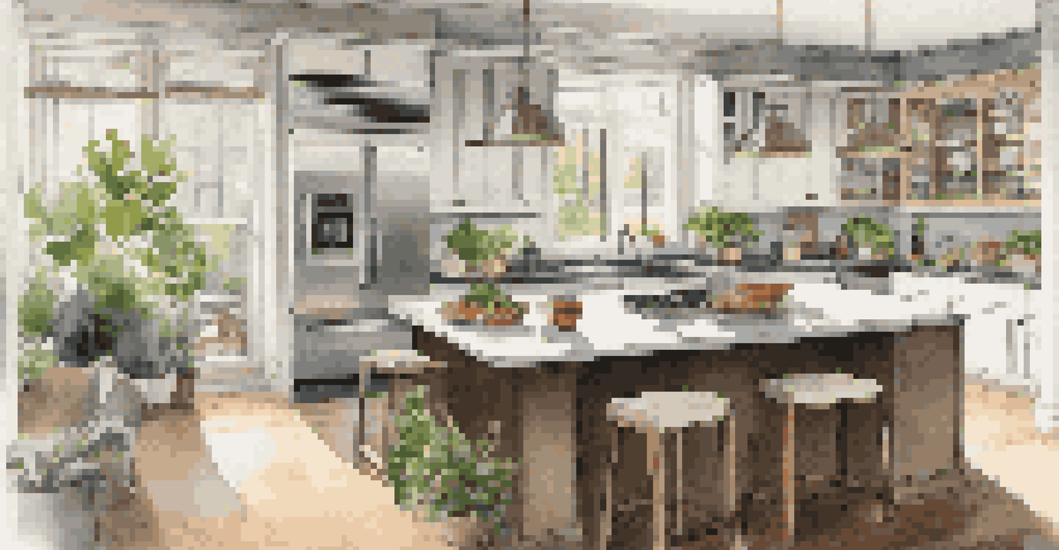 A spacious kitchen featuring stainless steel appliances, a central island, and decorative shelving, illuminated by pendant lights and sunlight.
