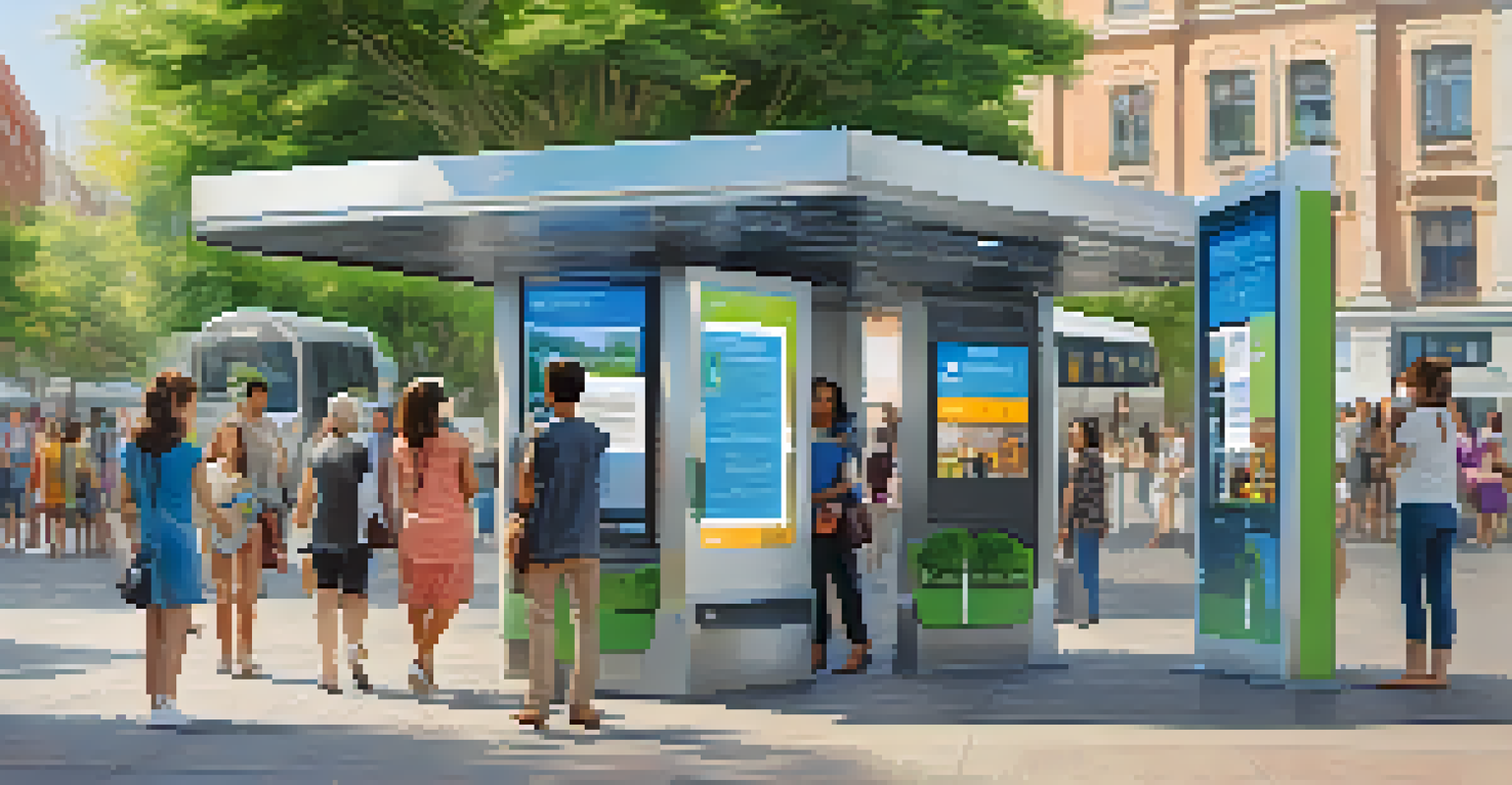 An interactive urban kiosk in a city square with diverse residents using it for transit information.