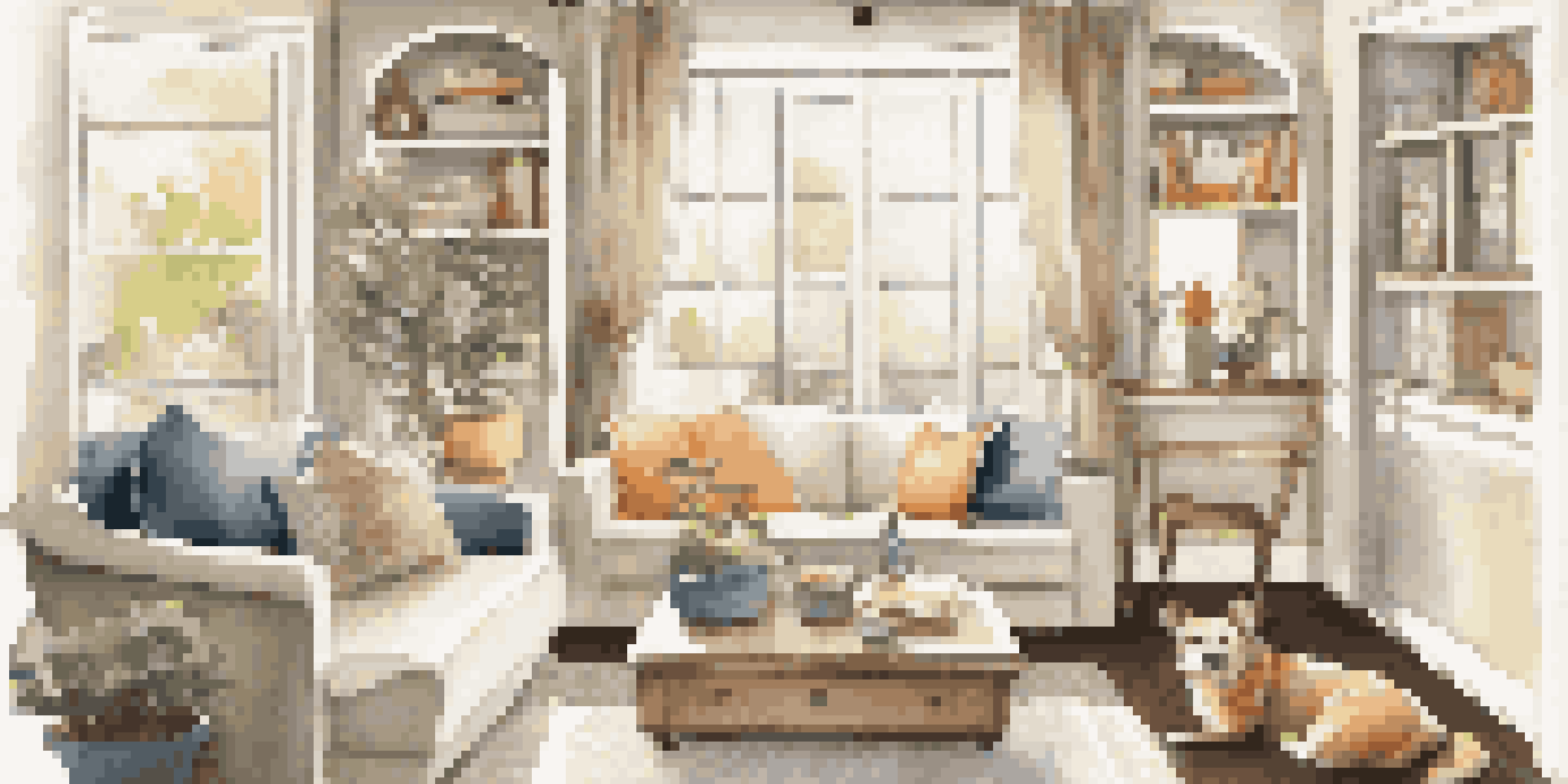 A living room with a pet bed and pet-themed art, bathed in sunlight.