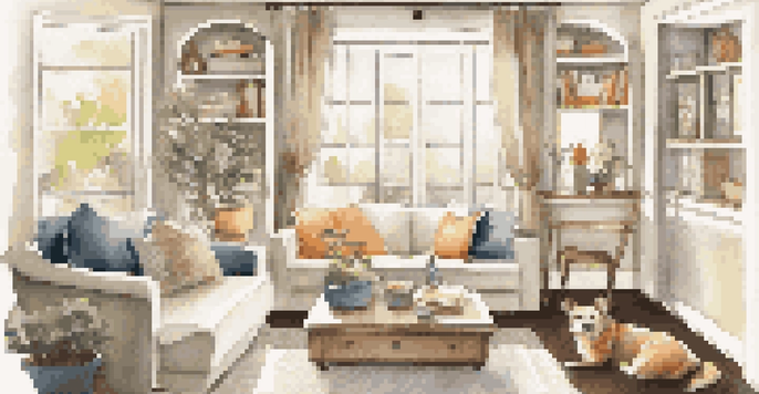 A living room with a pet bed and pet-themed art, bathed in sunlight.