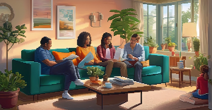 A family in a cozy living room, discussing financial documents around a coffee table, with warm lighting and a comfortable environment.