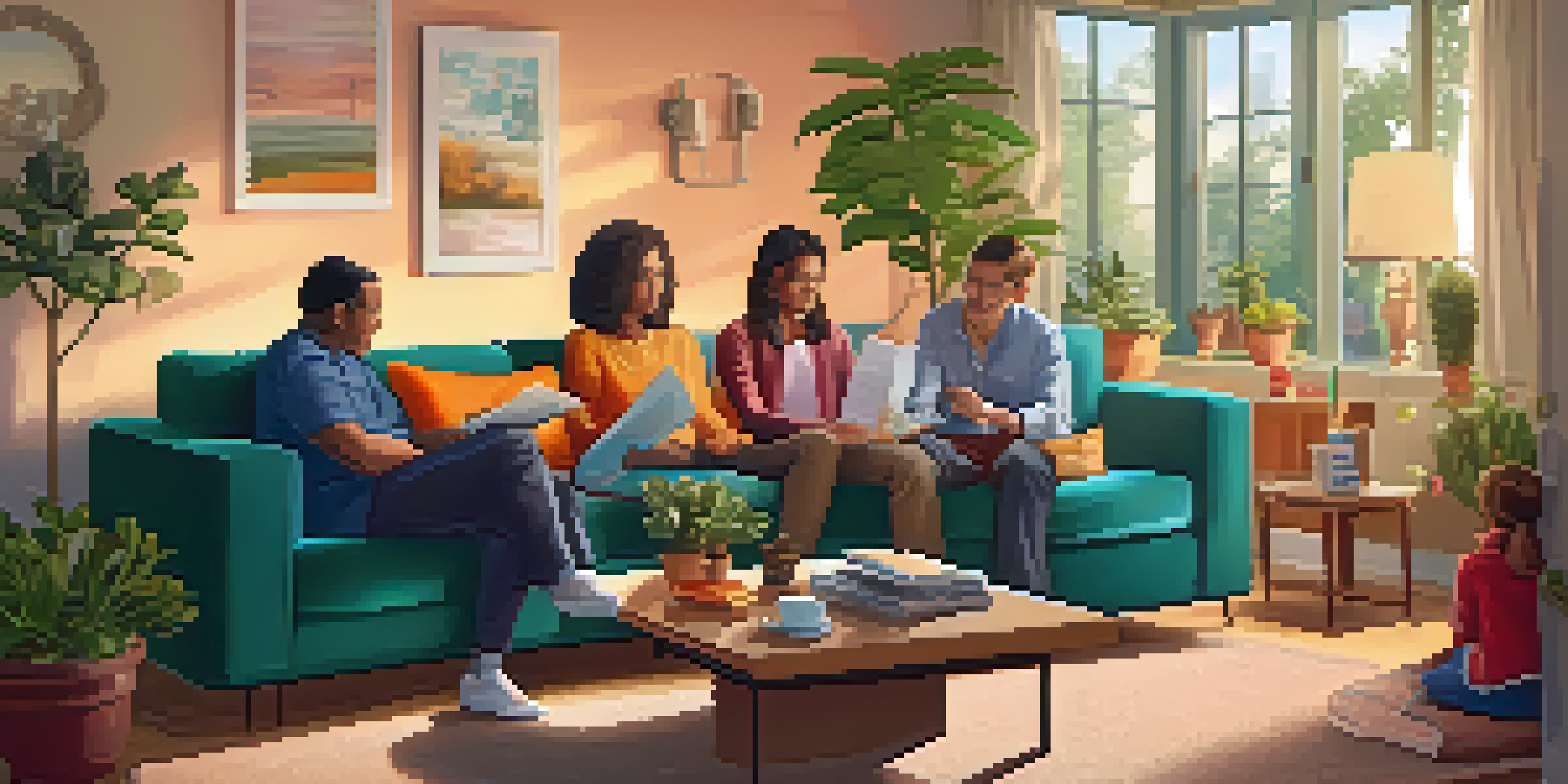 A family in a cozy living room, discussing financial documents around a coffee table, with warm lighting and a comfortable environment.