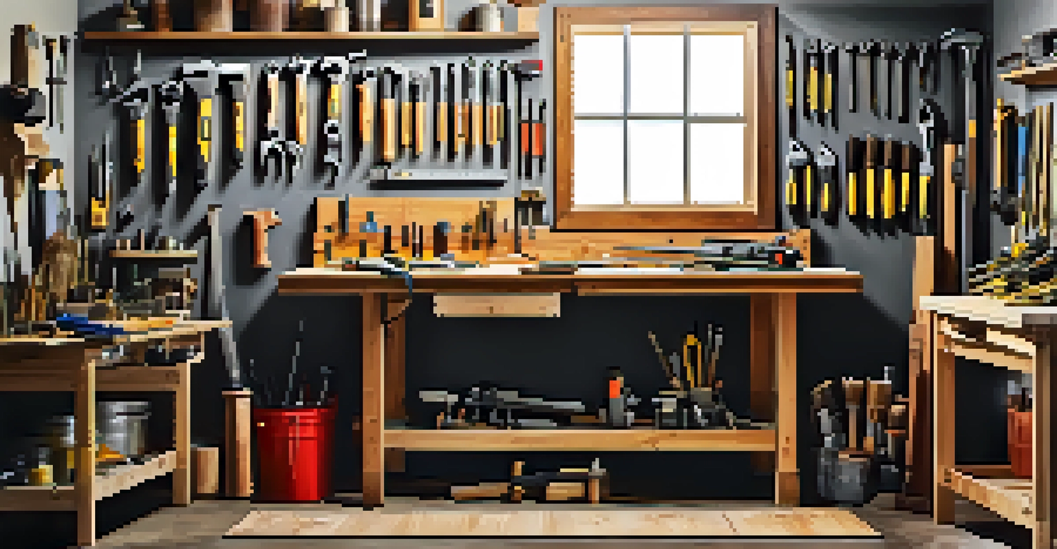 A well-organized workbench filled with tools and materials for a home renovation.