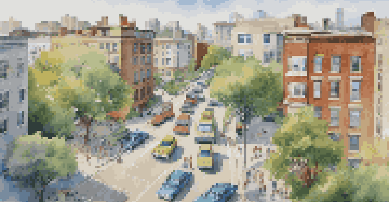 Aerial view of a busy urban landscape featuring diverse real estate, parks, and people.