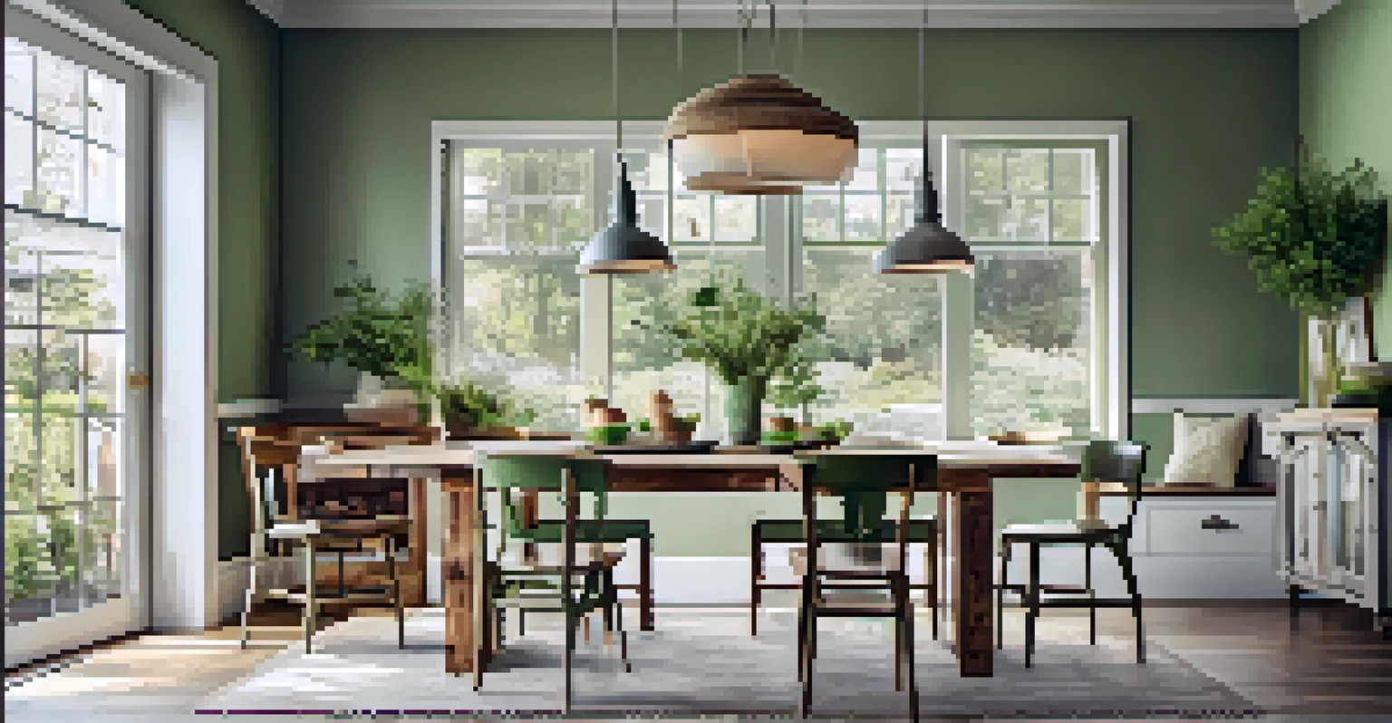 A dining area with a reclaimed wood table and upcycled chairs, bathed in natural light, emphasizing eco-friendliness.