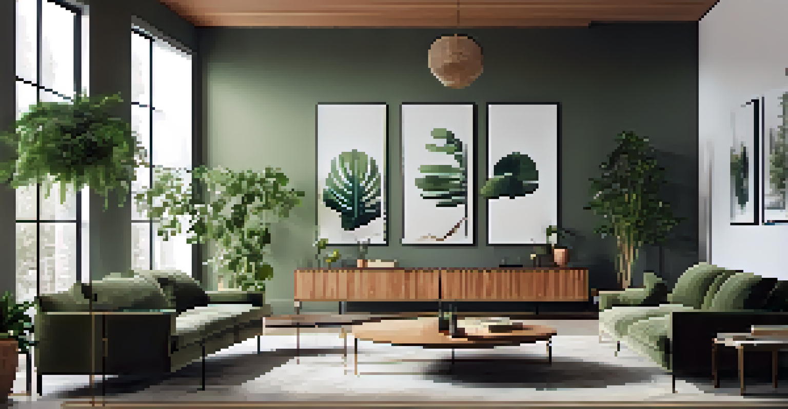 A stylish living room with earthy-toned walls and wooden furniture, adorned with green plants and illuminated by natural light.