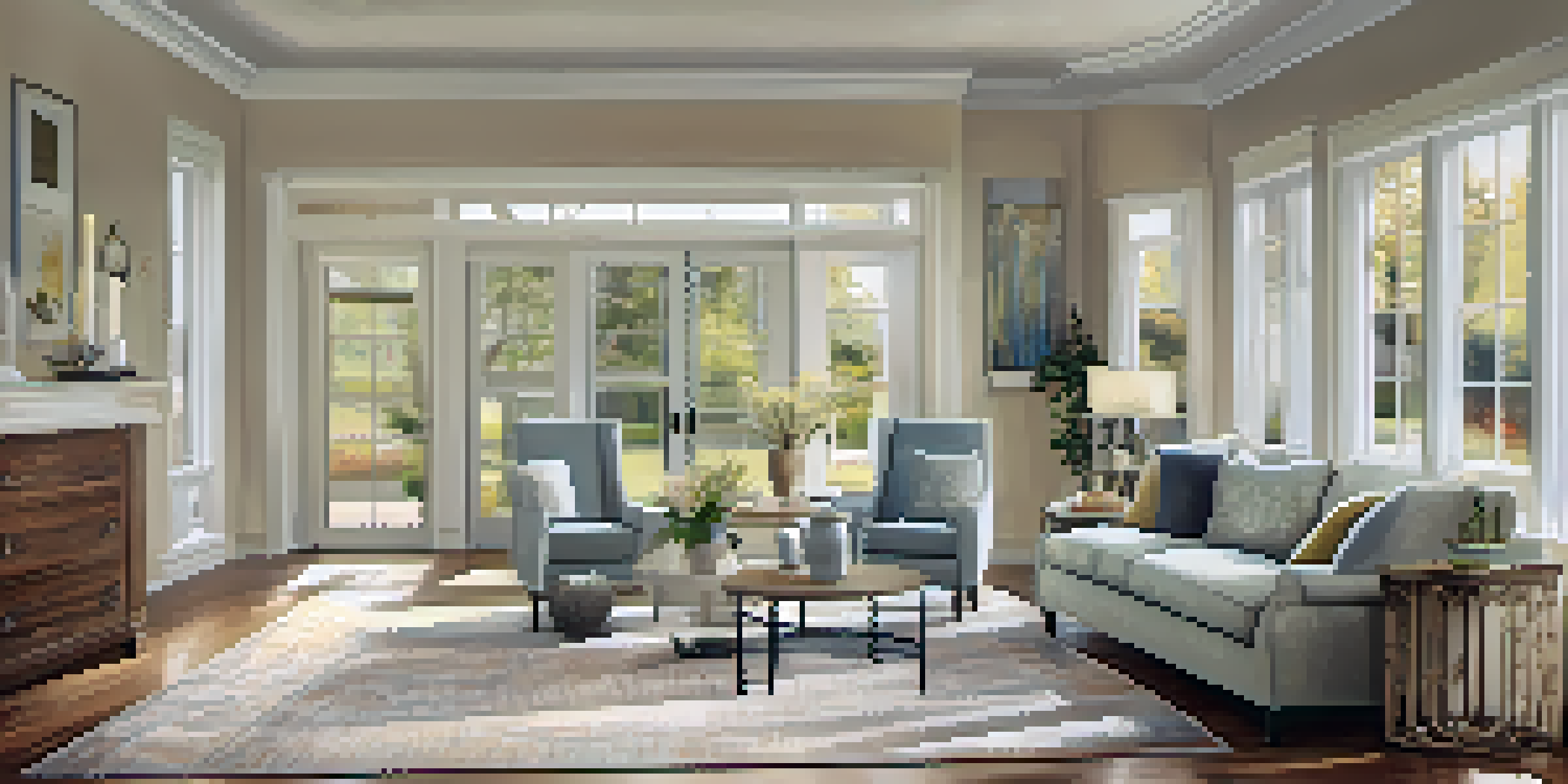 An interior of an accessible home with wide doorways and ramps, filled with natural light and soft pastel colors.