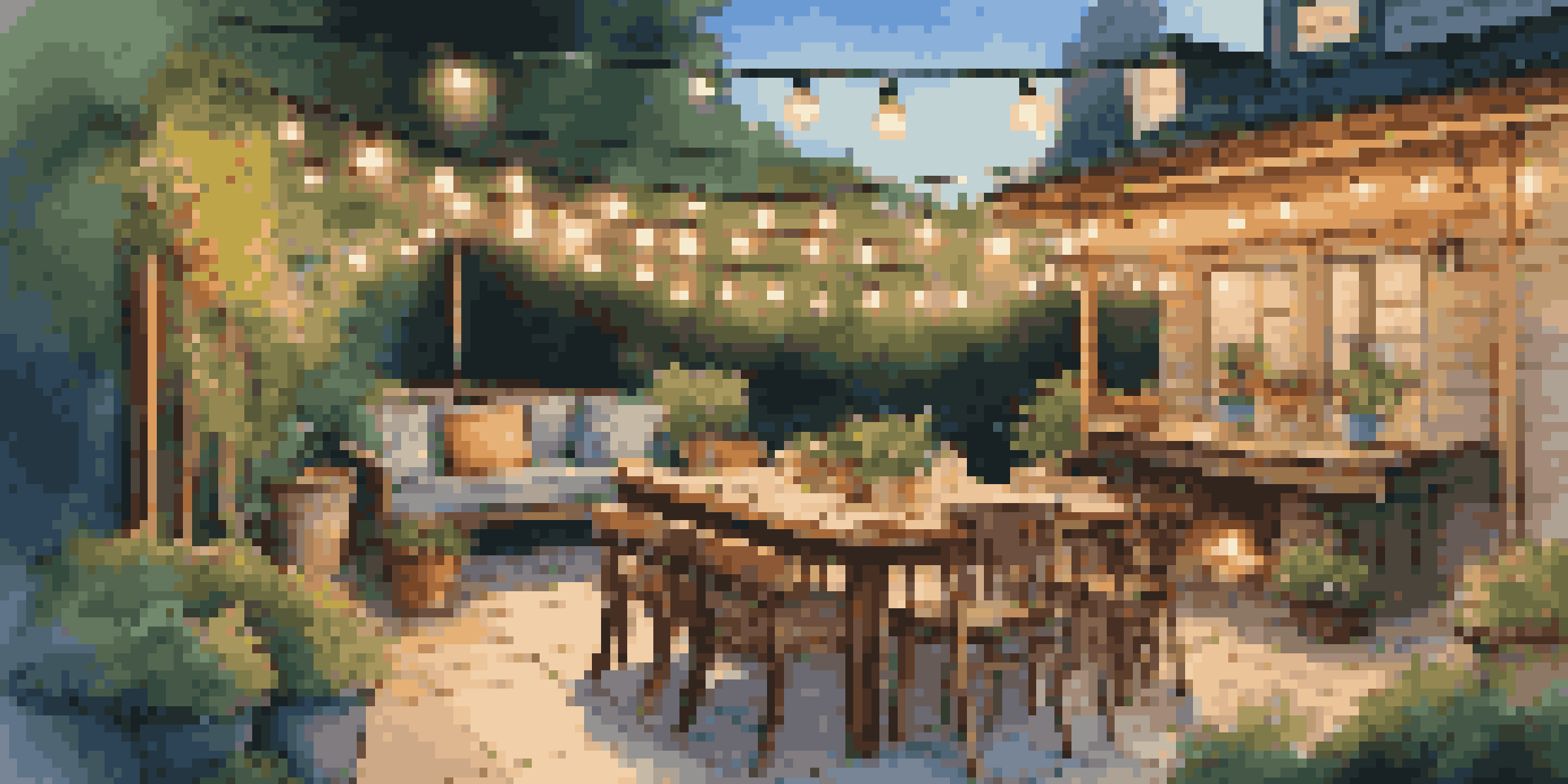 A cozy backyard patio set for an outdoor gathering with fairy lights and lush greenery under a blue sky.