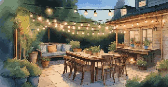 A cozy backyard patio set for an outdoor gathering with fairy lights and lush greenery under a blue sky.