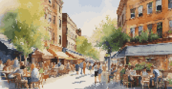 A lively urban neighborhood with cafes, art galleries, and people enjoying the outdoors under warm sunlight.