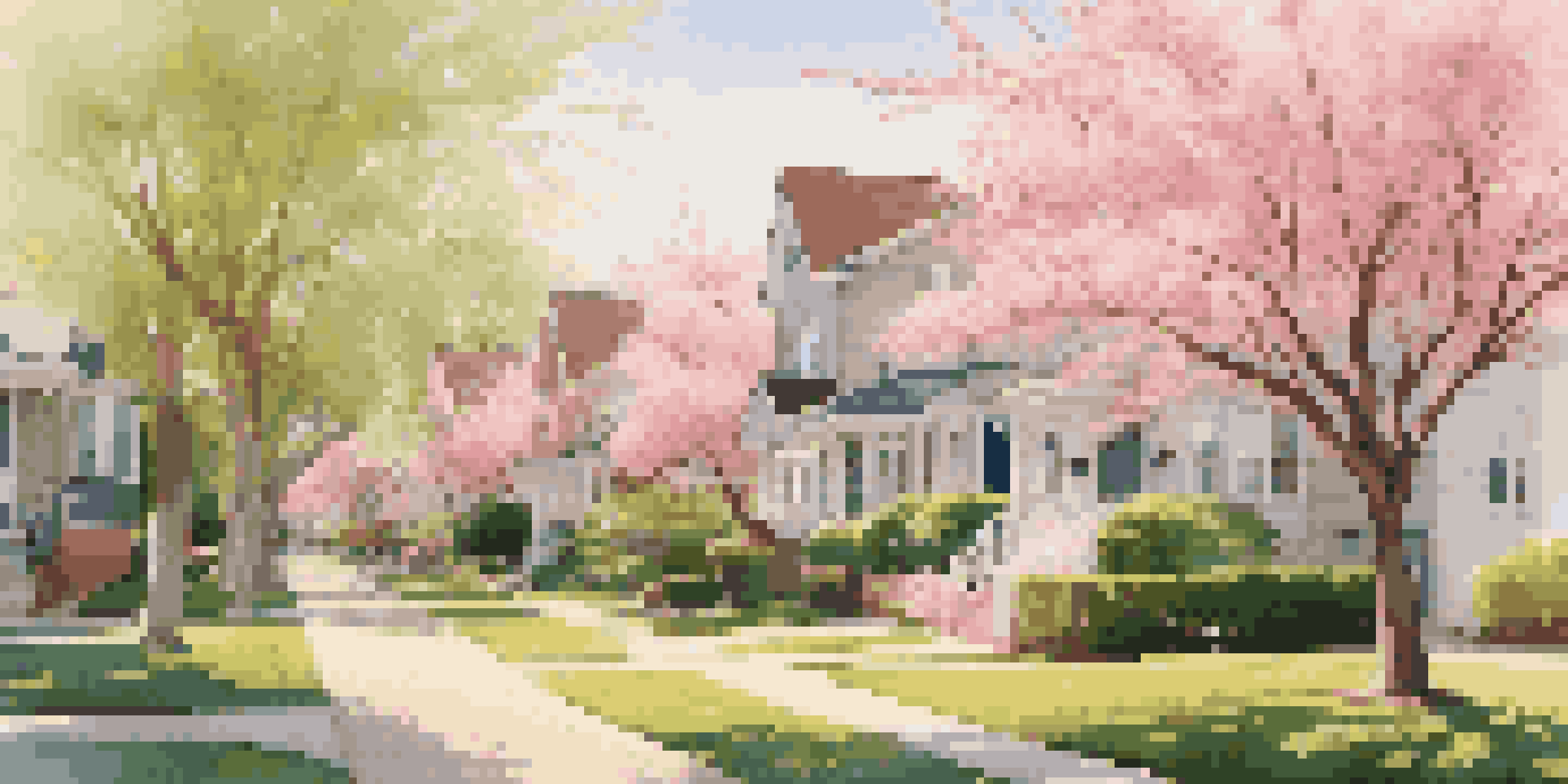 A peaceful residential neighborhood with diverse homes and blooming cherry blossom trees under soft golden hour light.