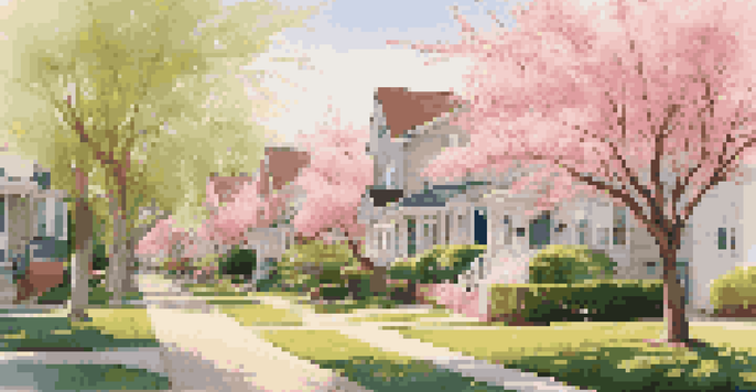 A peaceful residential neighborhood with diverse homes and blooming cherry blossom trees under soft golden hour light.