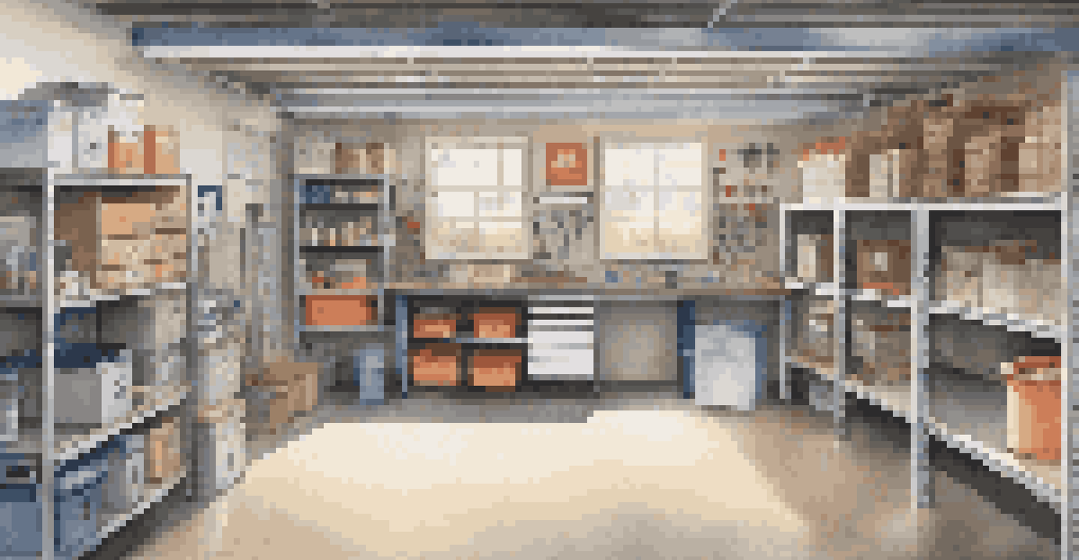 A clean and organized garage with tools and storage boxes, featuring soft overhead lighting.