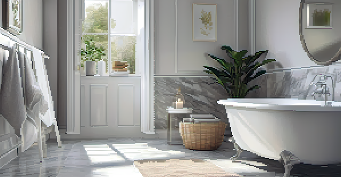 A modern bathroom with a white bathtub, chrome fixtures, and a decorative plant, illuminated by soft natural light.