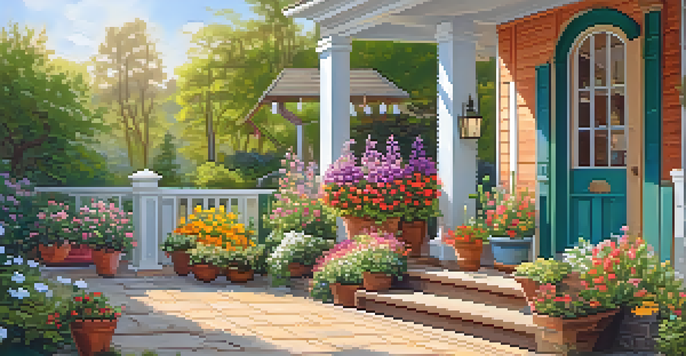 A bright spring garden with colorful flower pots and hanging baskets, a welcome mat in front of a cozy home.