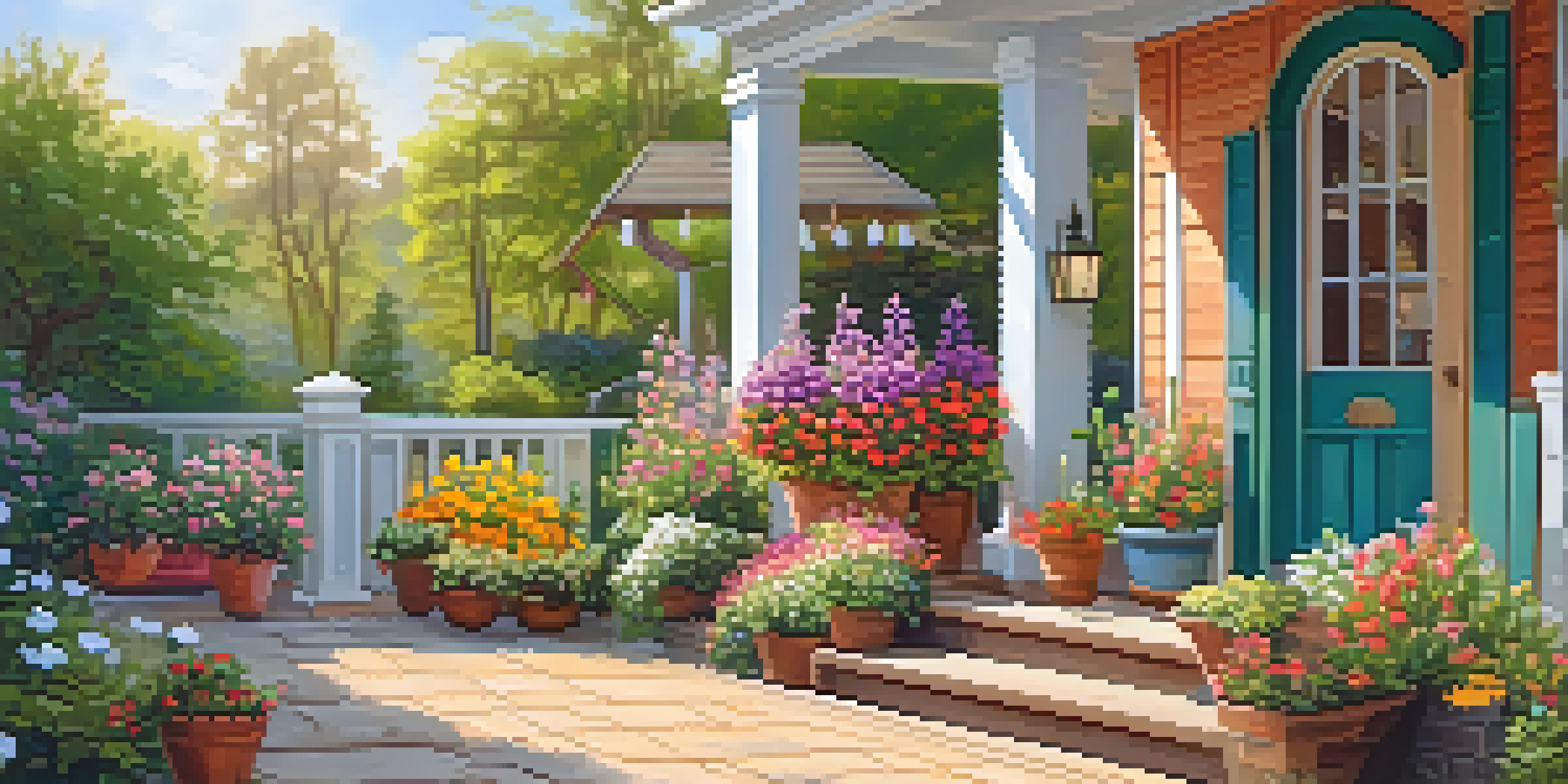 A bright spring garden with colorful flower pots and hanging baskets, a welcome mat in front of a cozy home.