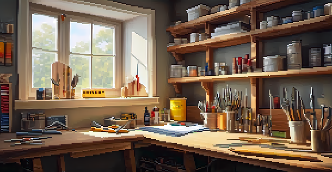 A neat workspace with hand tools on a wooden table and shelves filled with materials in the background, illuminated by warm sunlight.