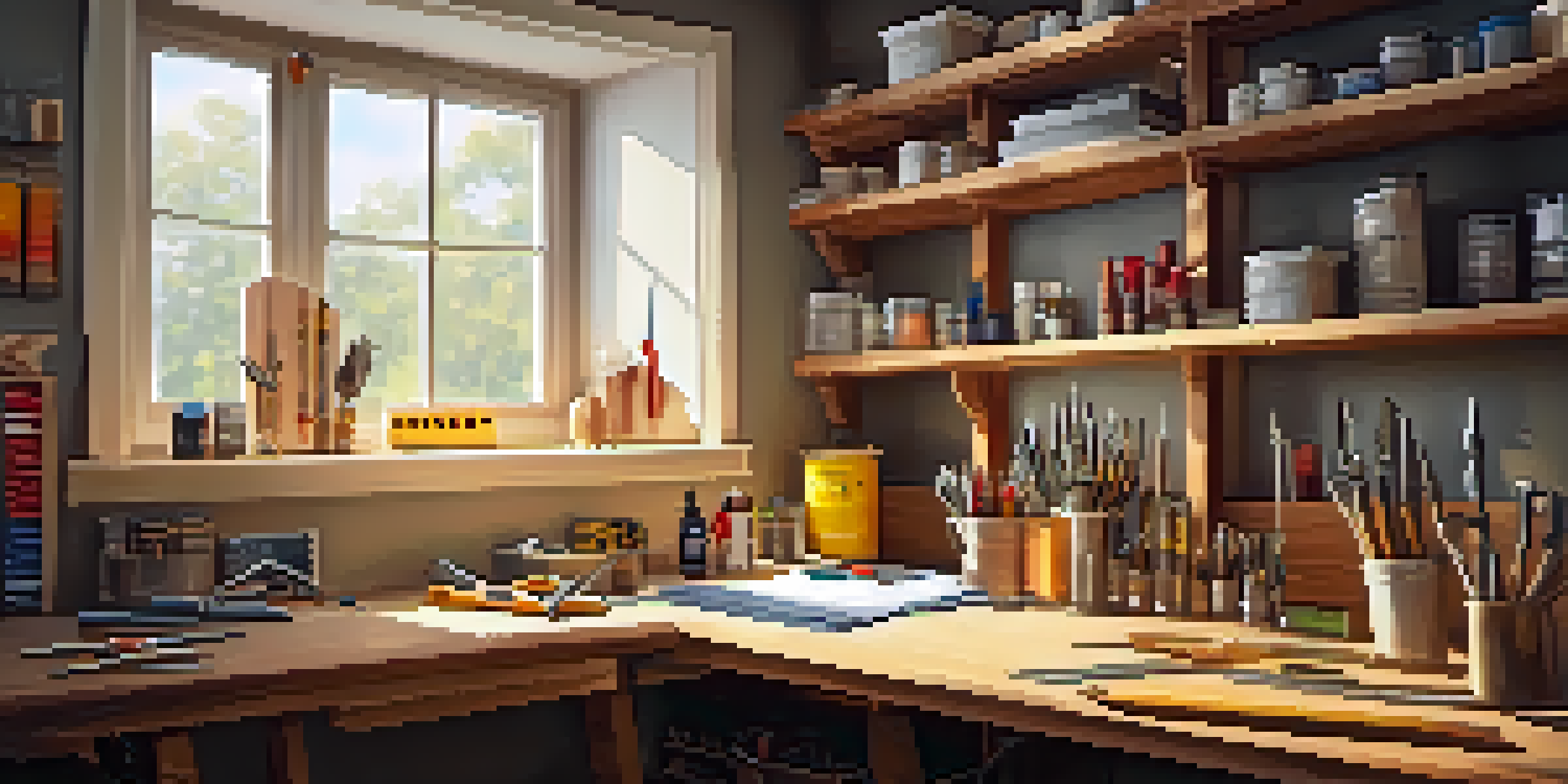 A neat workspace with hand tools on a wooden table and shelves filled with materials in the background, illuminated by warm sunlight.