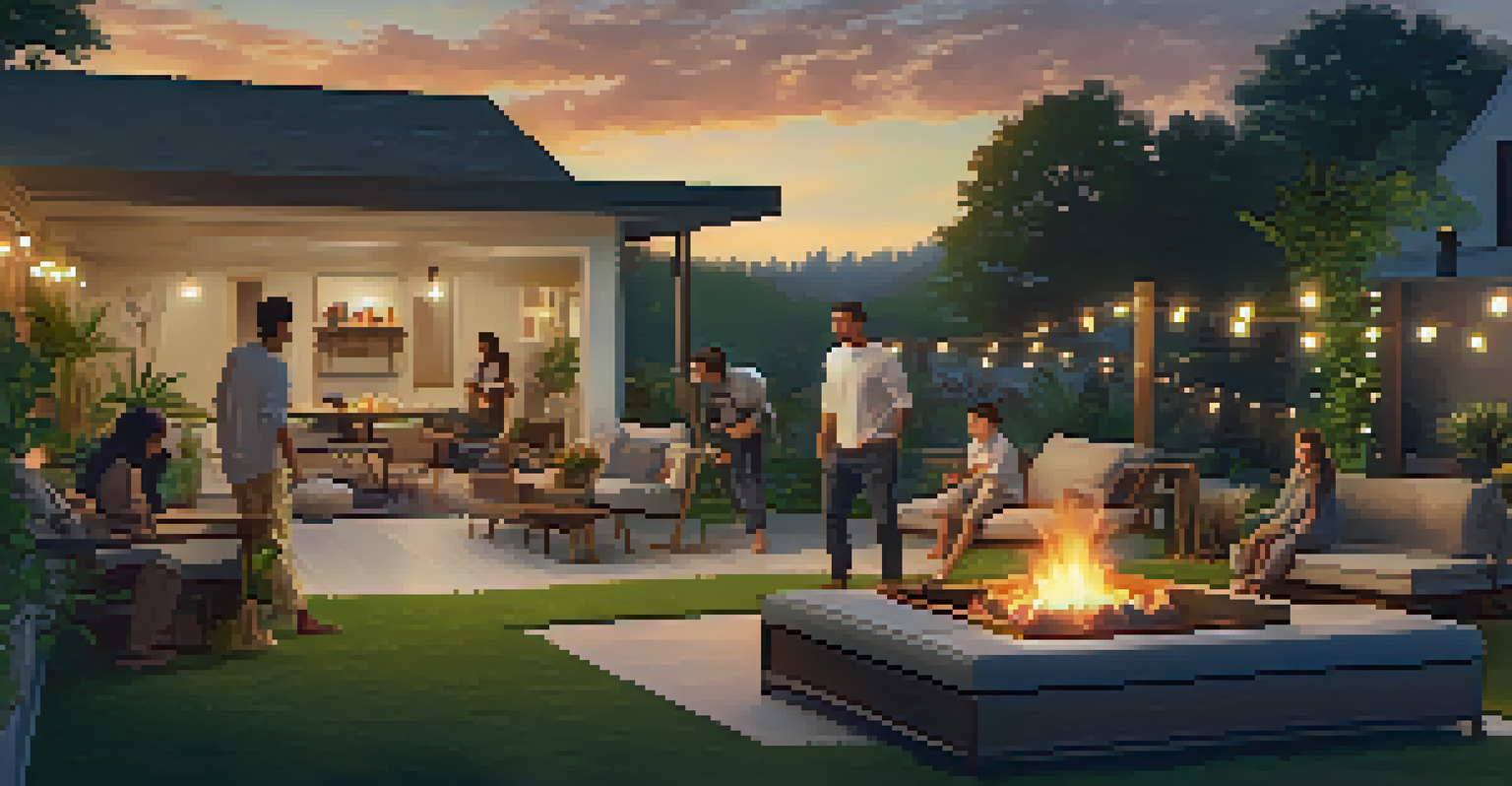 A modern outdoor lounge space with a family playing games around a fire pit, surrounded by greenery and lights.