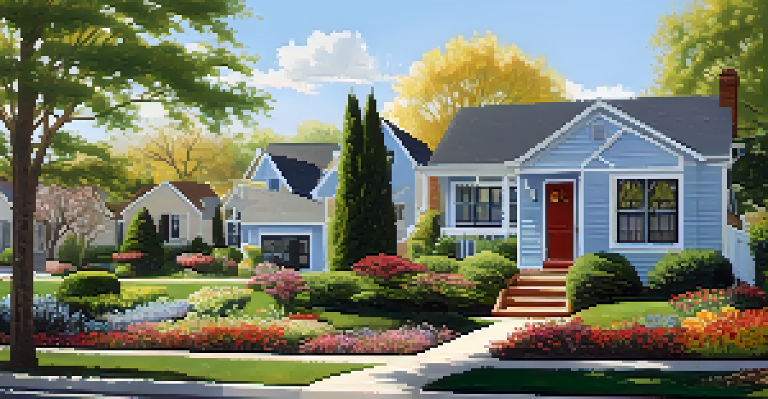 A sunny suburban neighborhood with well-kept homes and colorful gardens under a blue sky.
