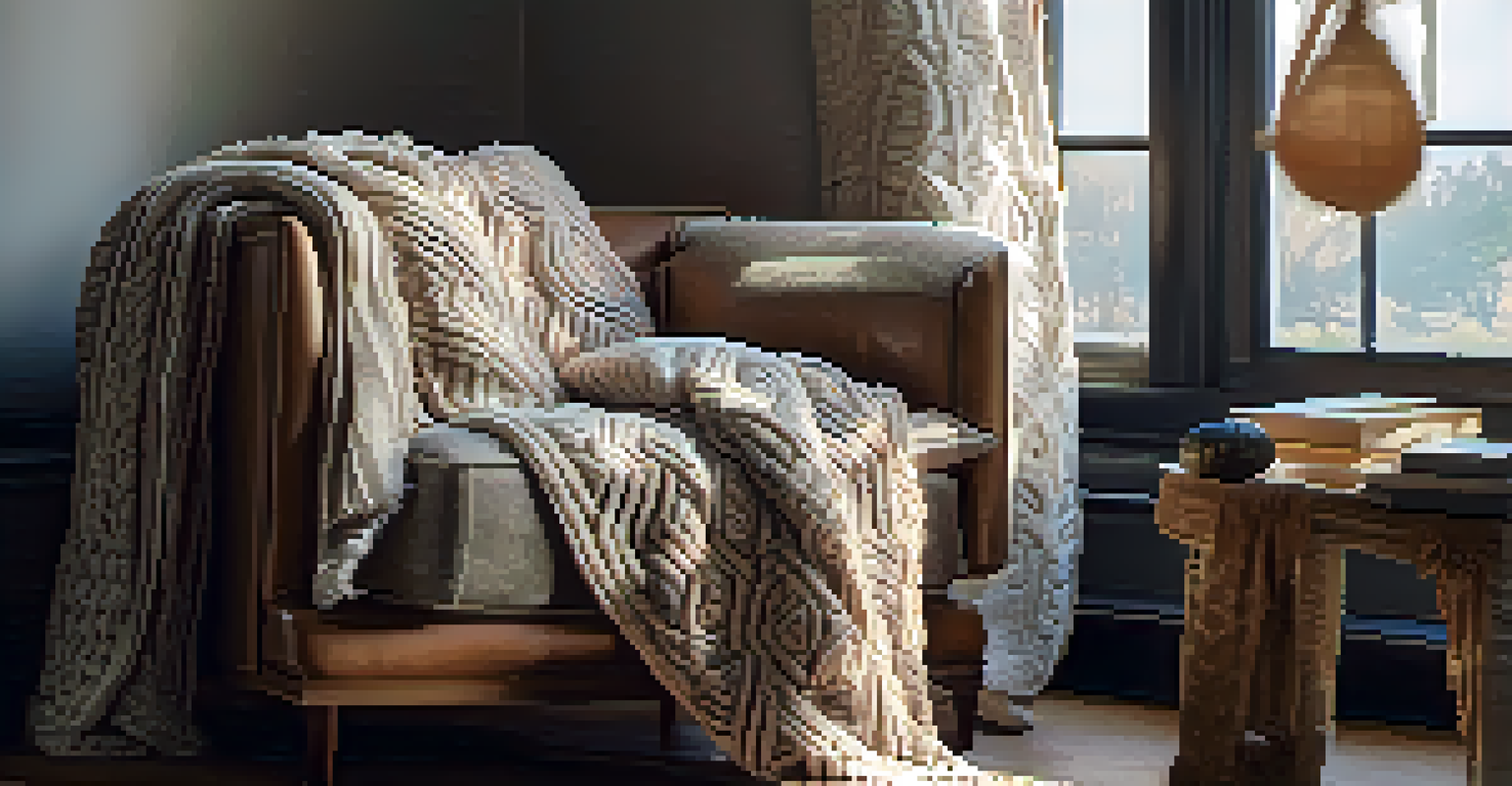 A close-up of various textiles including a velvet throw, decorative cushions, and a knitted blanket on an armchair, illuminated by natural light.