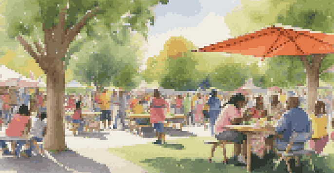 A lively park filled with families participating in a community event, with picnic tables, games, and children playing in the background.