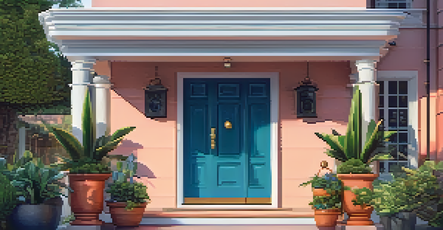 A close-up view of a smart doorbell with a camera, mounted on a colorful front door, surrounded by plants and outdoor lighting.