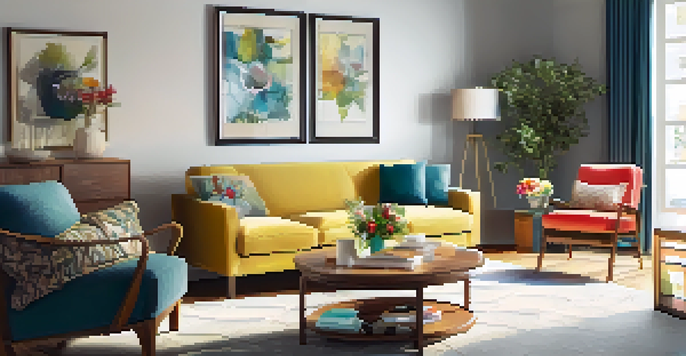 A cozy living room prepared for a home appraisal, showcasing a sofa, coffee table with flowers, and natural light from windows.