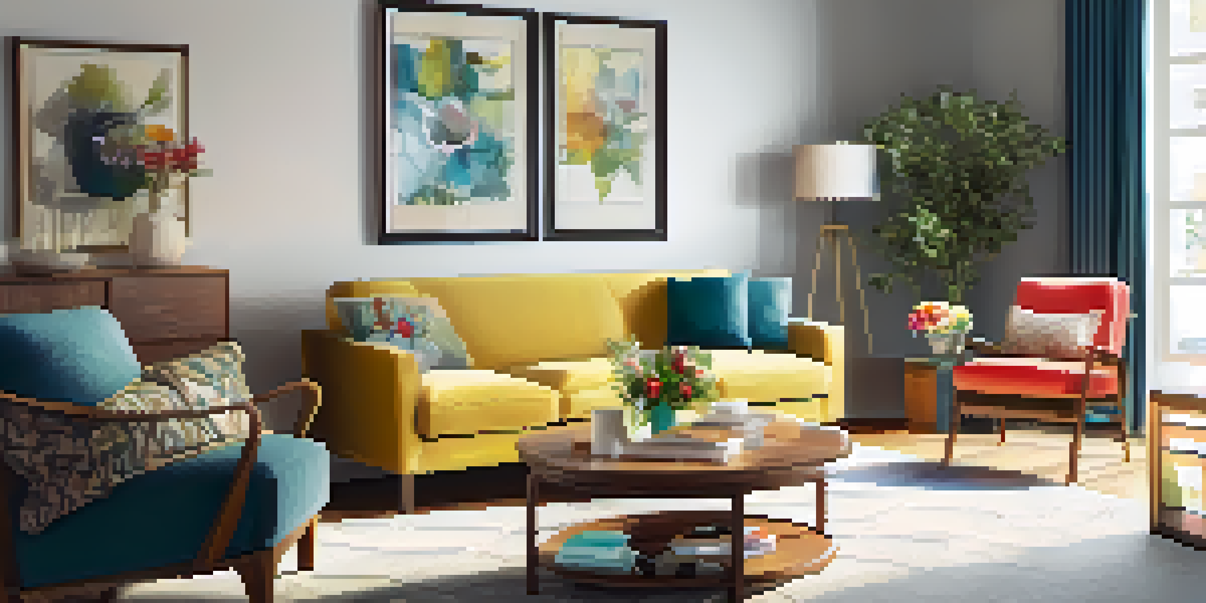 A cozy living room prepared for a home appraisal, showcasing a sofa, coffee table with flowers, and natural light from windows.