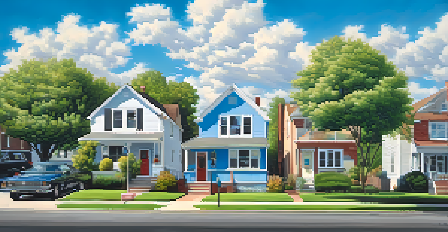 A neighborhood with 'For Sale' signs in front of various houses, under a bright blue sky with clouds.