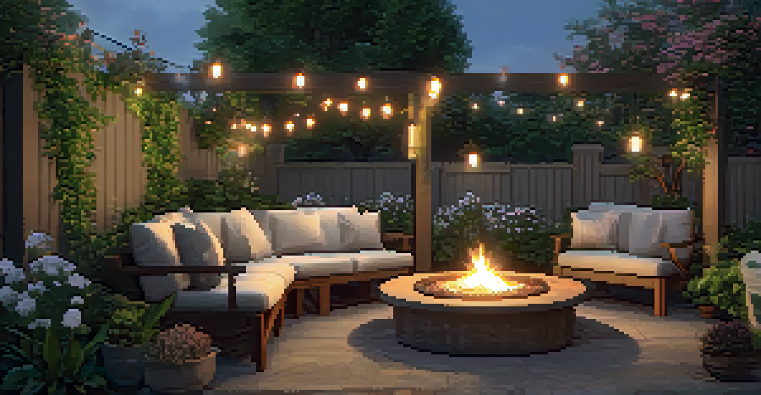 A tranquil outdoor seating area with comfortable cushions, a rustic table, and a fire pit, surrounded by lush gardens at dusk.