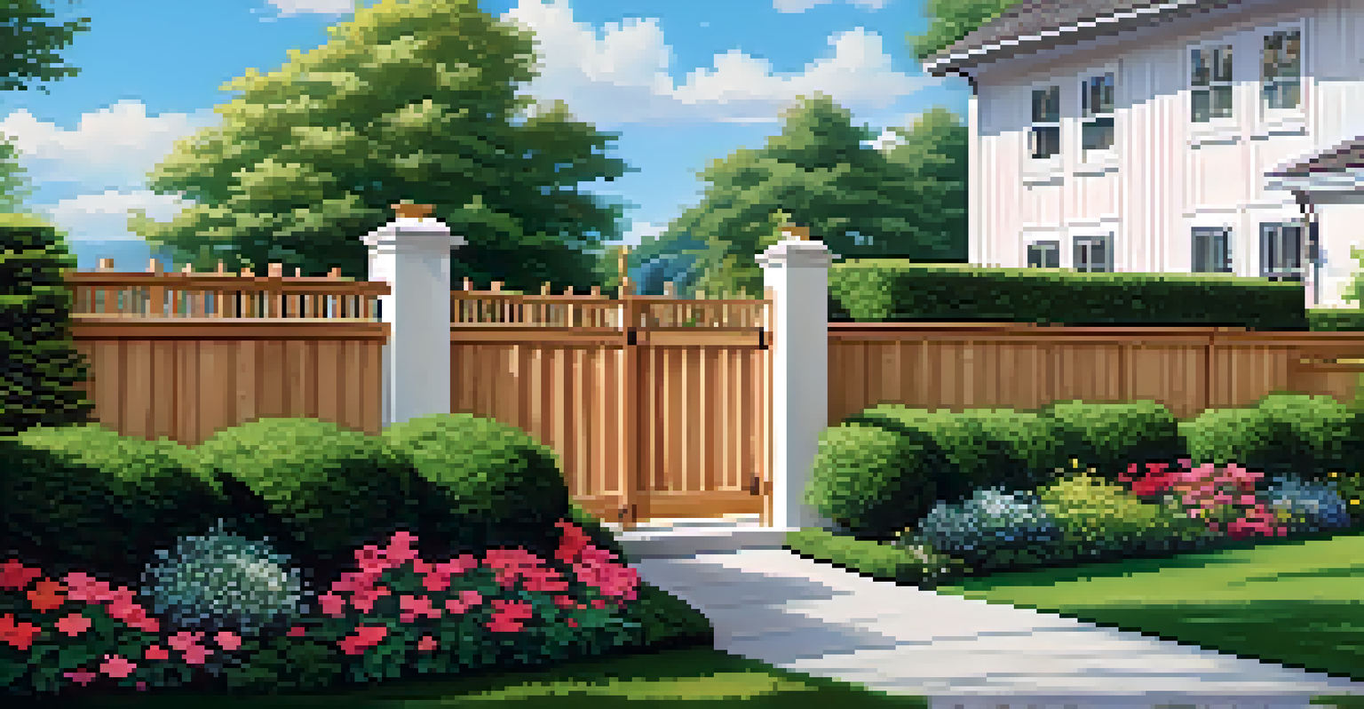 A solid fence surrounded by green hedges and well-maintained bushes in a bright outdoor setting.