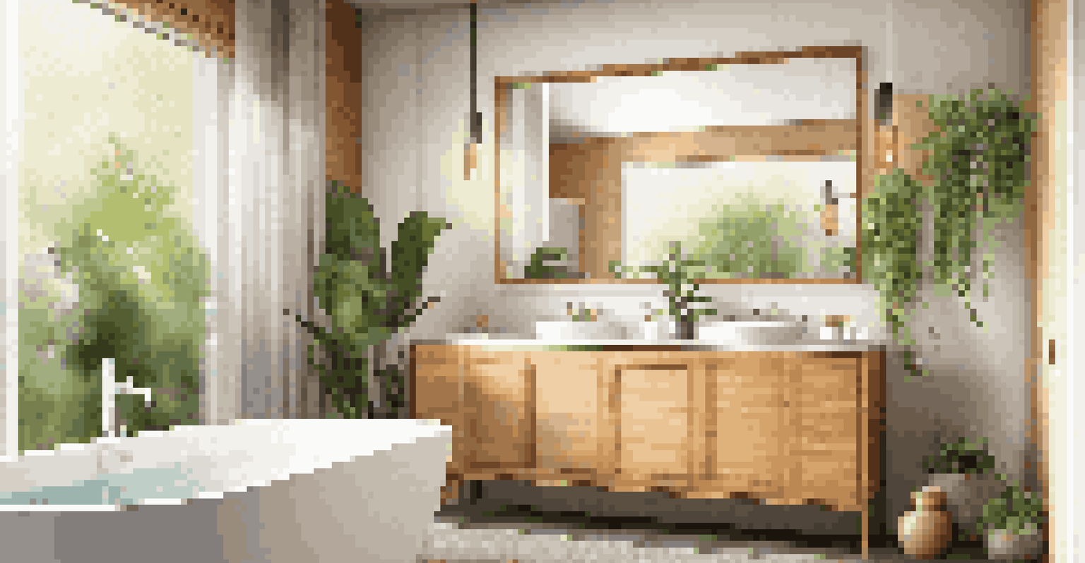 A stylish bathroom featuring sustainable materials, with bamboo cabinetry and natural light creating a warm ambiance.