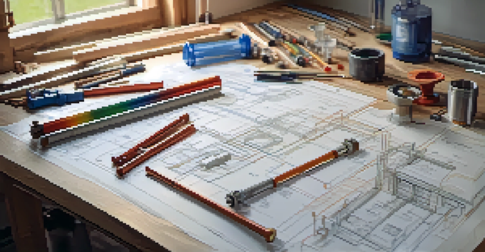 A drafting table with a plumbing layout sketch, including pipes and fixtures, well-lit with drafting tools.