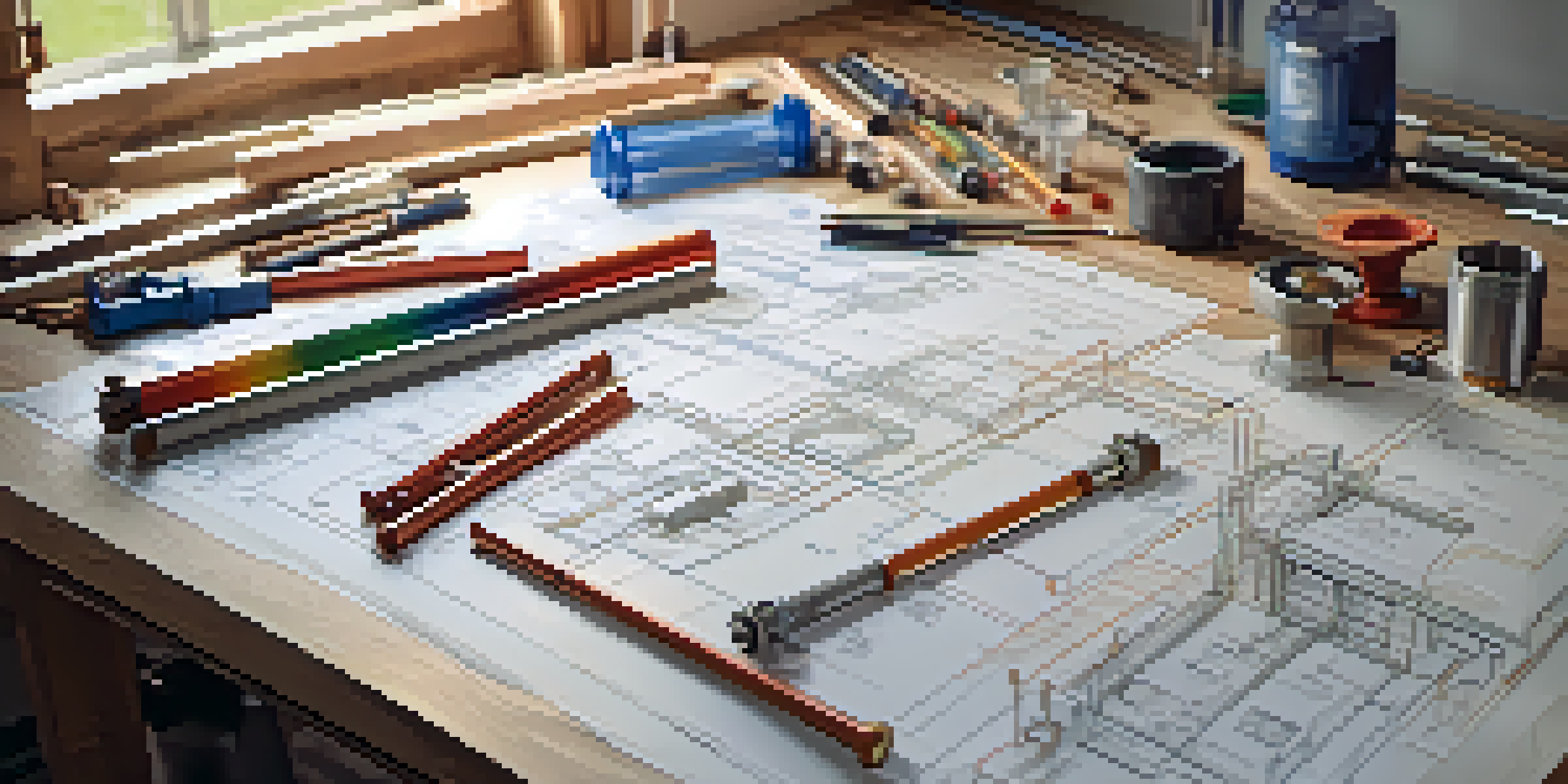 A drafting table with a plumbing layout sketch, including pipes and fixtures, well-lit with drafting tools.