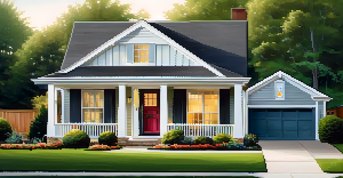 An attractive rental property with a manicured lawn and colorful front door in warm evening light.