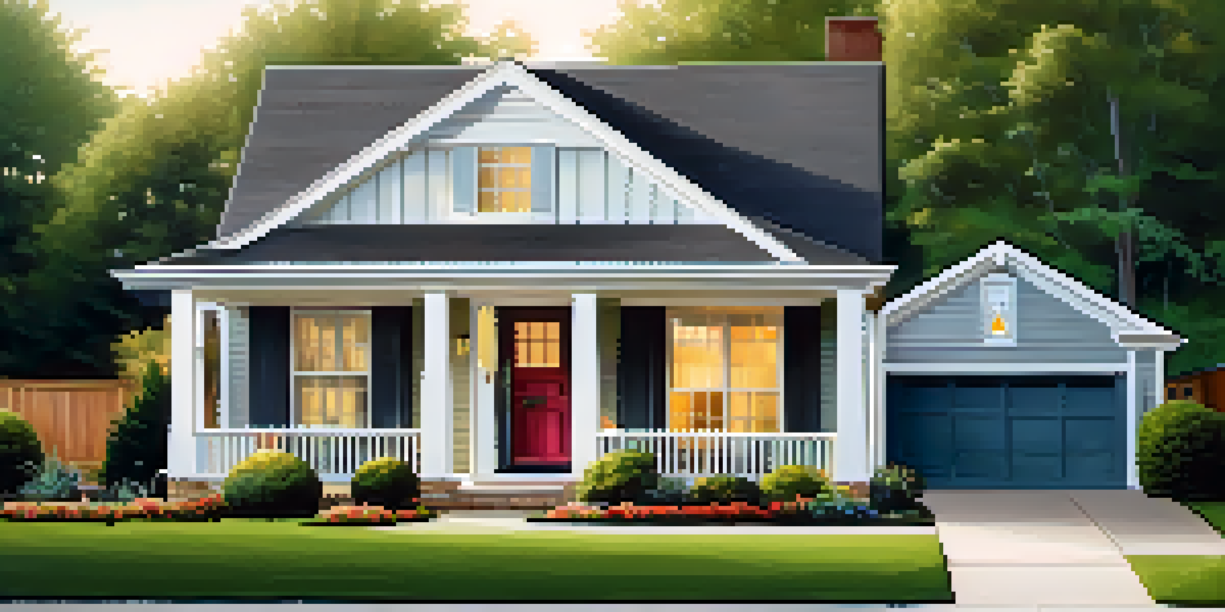 An attractive rental property with a manicured lawn and colorful front door in warm evening light.