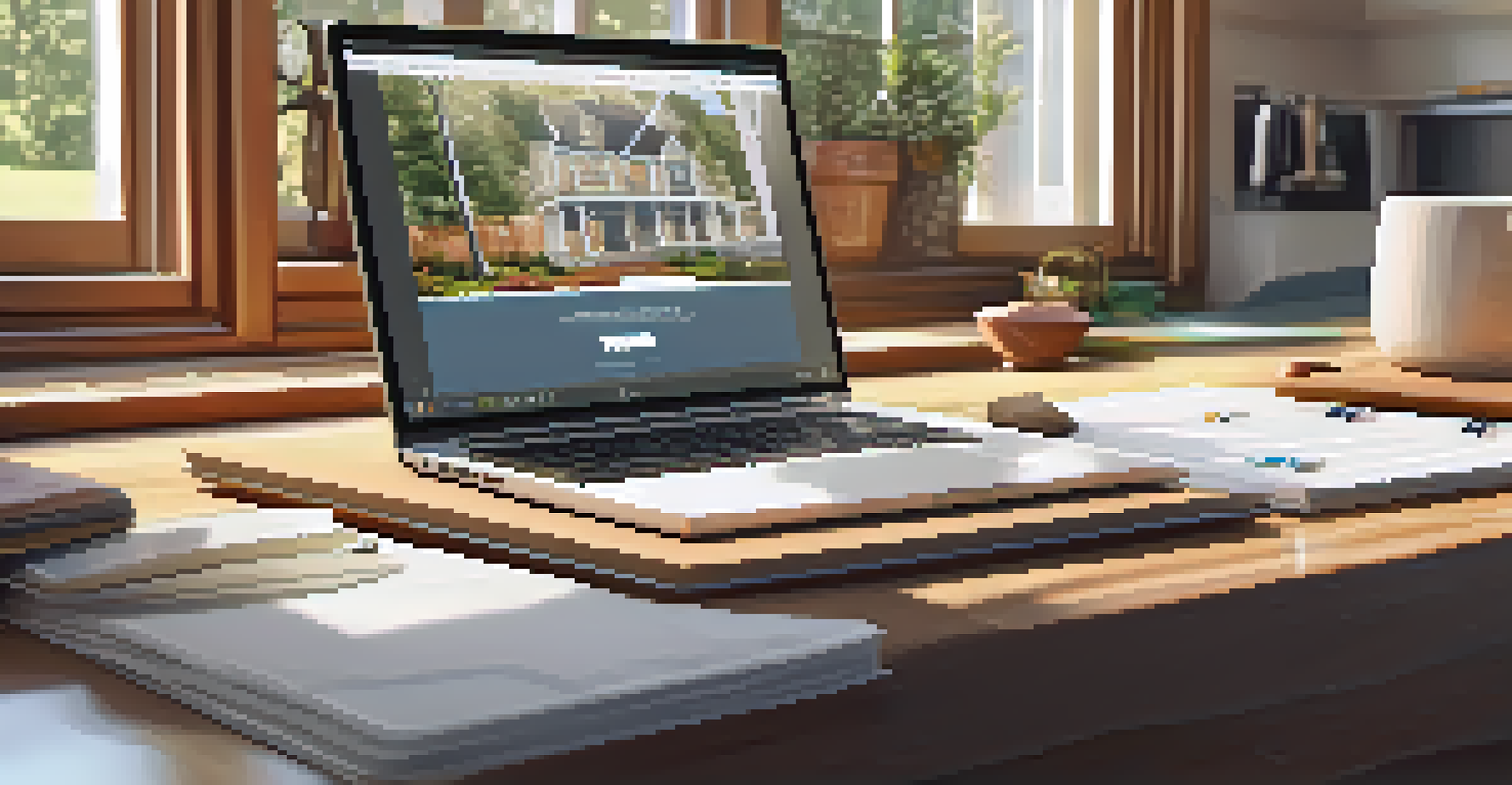 A kitchen workspace with a laptop, notebooks, and coffee, set in a warm and cozy environment.