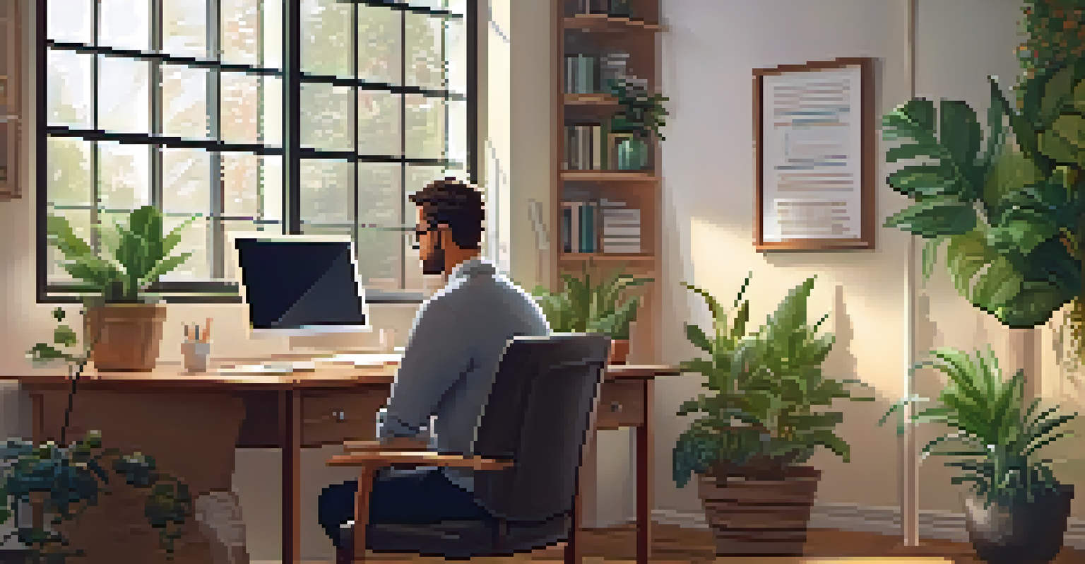 A landlord reviewing tenant applications on a laptop in a cozy office setting.