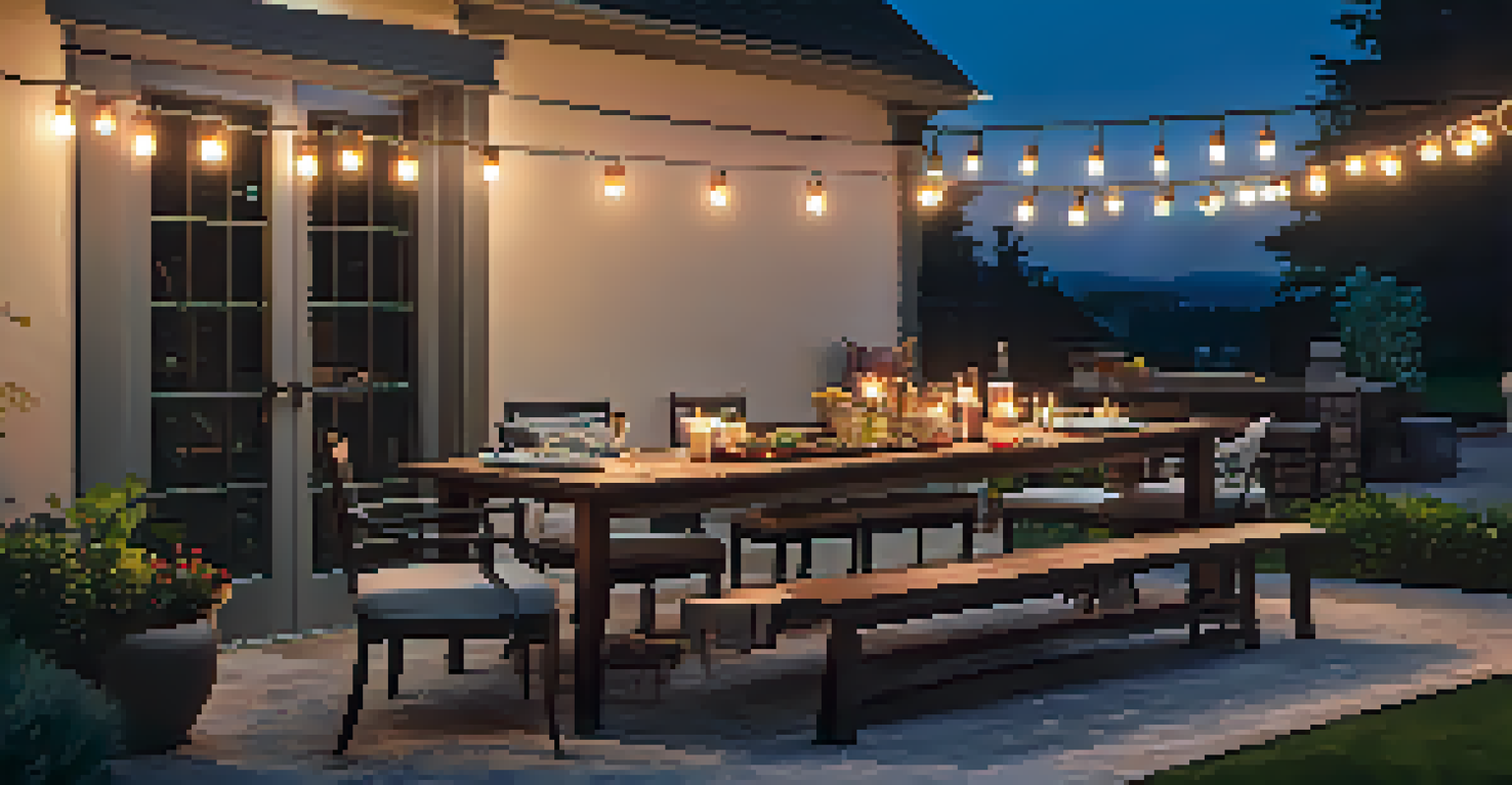 An outdoor patio with smart lighting, a dining table, and string lights at dusk.