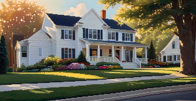 A beautiful suburban home with white siding, neatly trimmed grass, and colorful flower beds, bathed in warm afternoon sunlight.