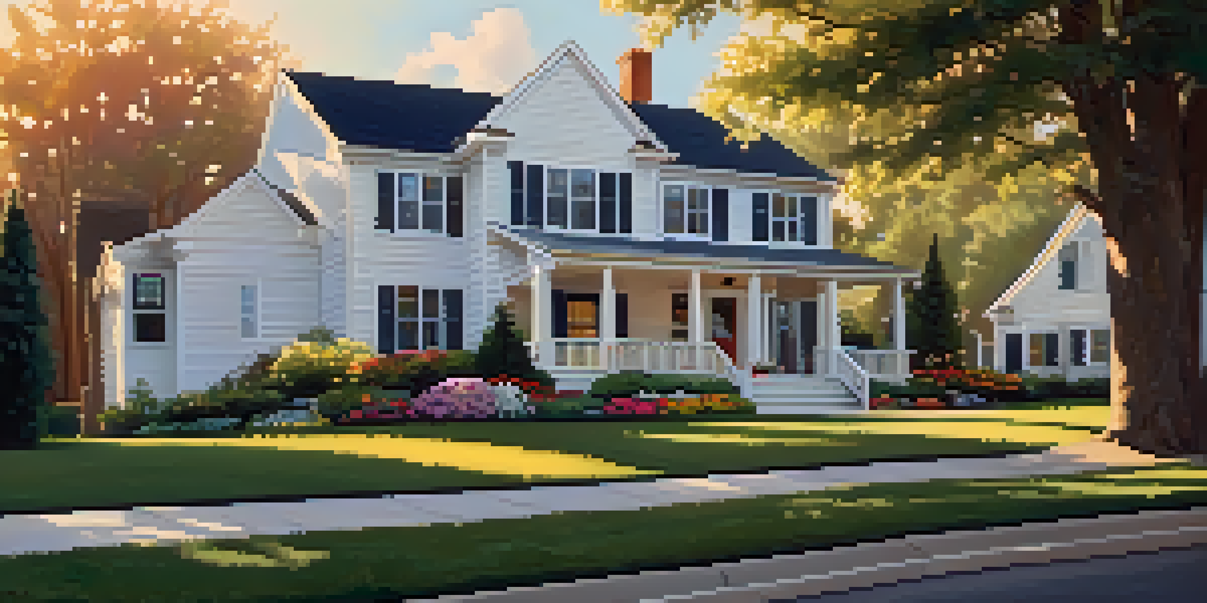 A beautiful suburban home with white siding, neatly trimmed grass, and colorful flower beds, bathed in warm afternoon sunlight.
