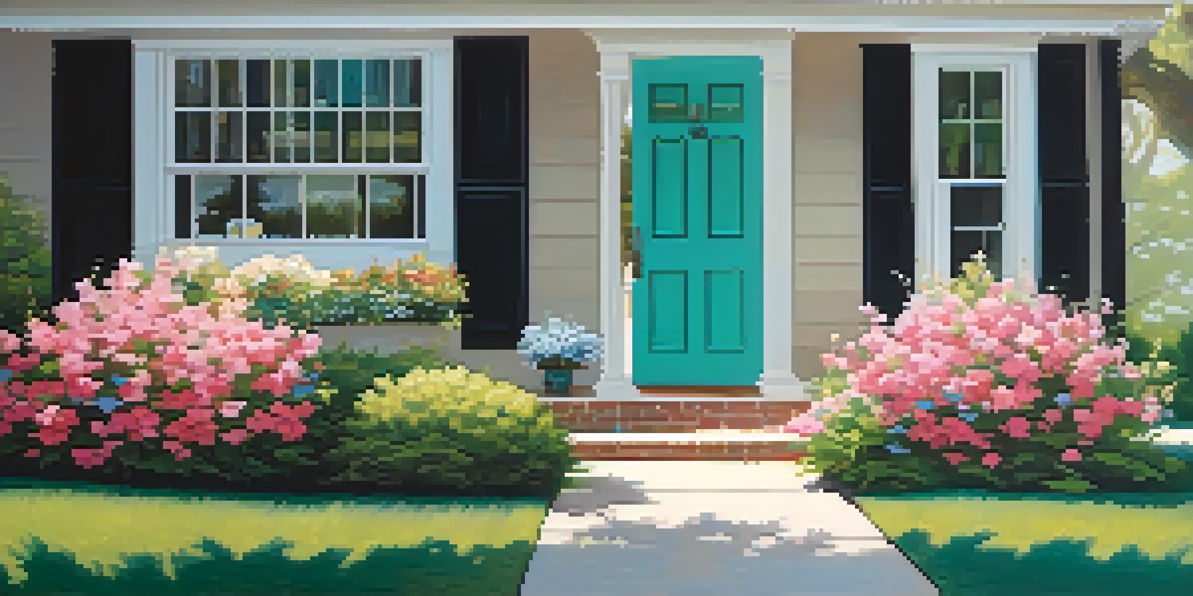A modern house with soft neutral and pastel colors, highlighted by a teal front door and colorful flower beds in bright sunlight.