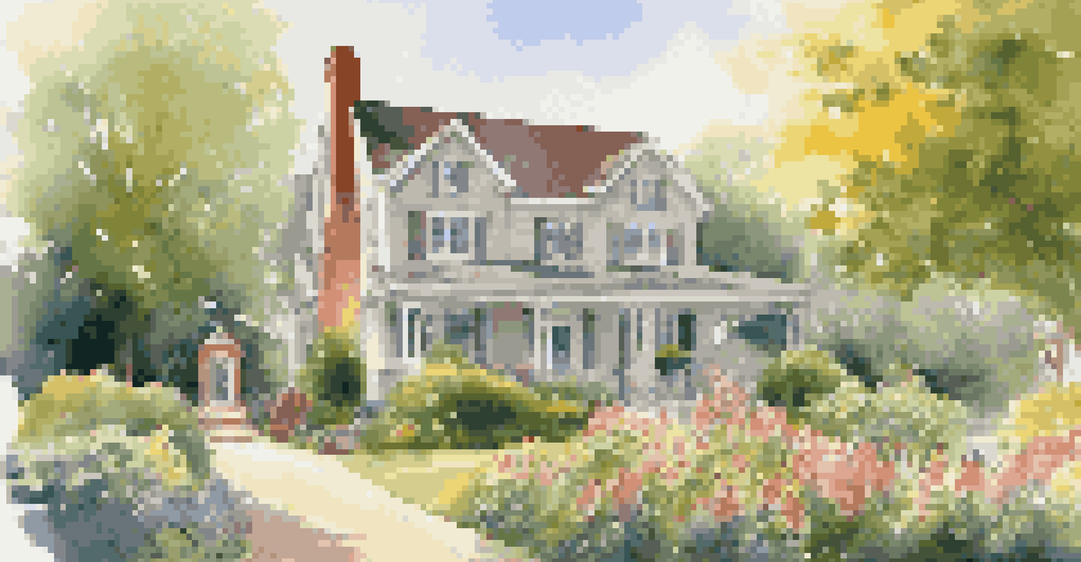 An inviting outdoor view of a house during an open house, with guests approaching and a bright sunny day.
