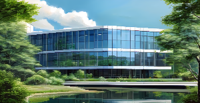 A modern office building in a green landscape with a pond and flowers.