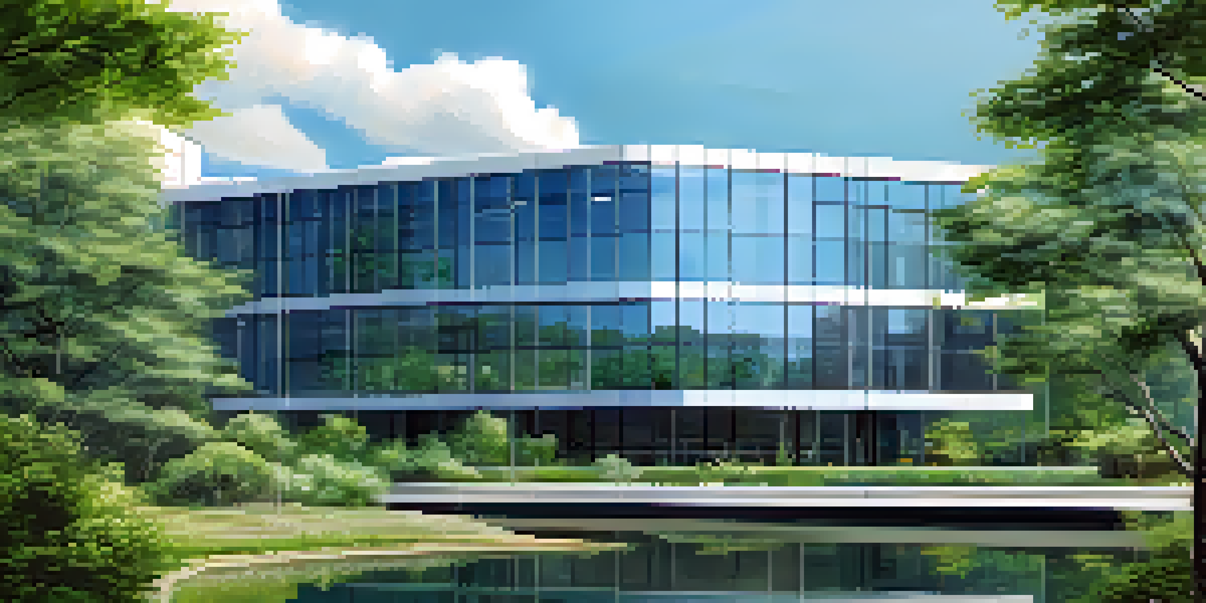 A modern office building in a green landscape with a pond and flowers.