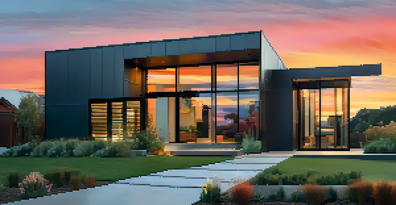 A modern house with charcoal gray metal siding, set against a vibrant sunset sky with a minimalist garden.