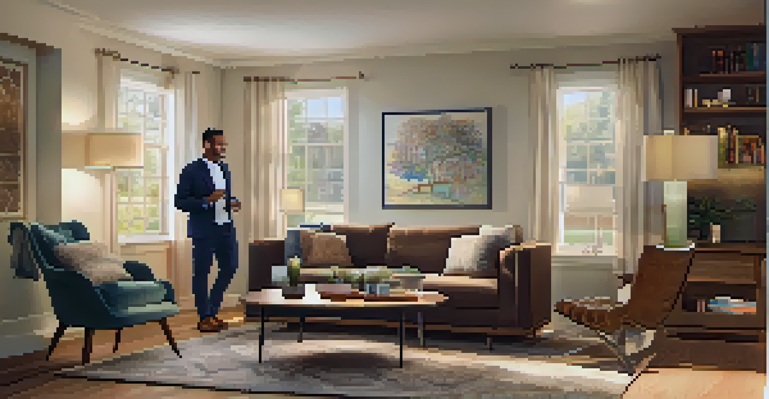 A property manager and a tenant having a friendly conversation in a cozy living room filled with warm lighting and comfortable furniture.